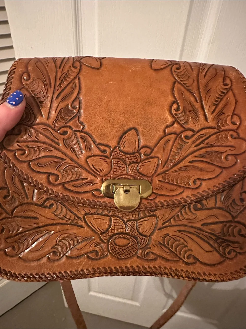 Vintage Hand-Tooled Brown Leather Crossbody Bag